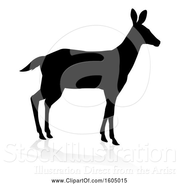 Vector Illustration of Silhouetted Black Silhouetted Deer Doe with a Shadow or Reflection, on a White Background