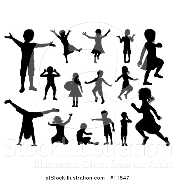 Vector Illustration of Silhouetted Boys and Girls Playing