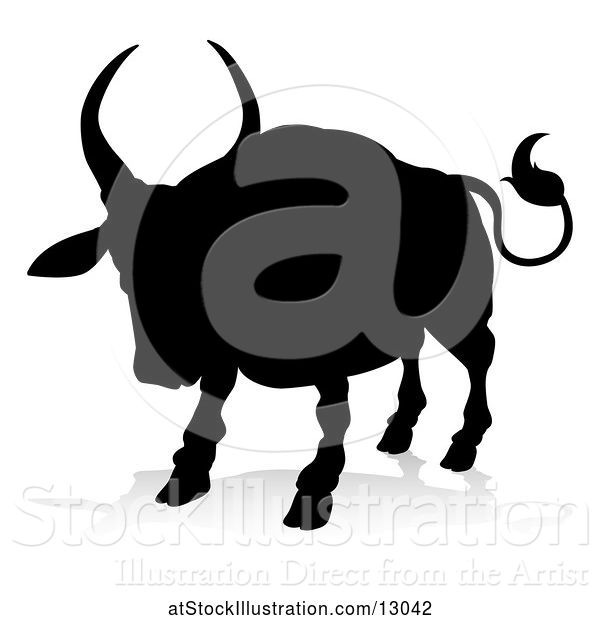 Vector Illustration of Silhouetted Bull, with a Reflection or Shadow, on a White Background