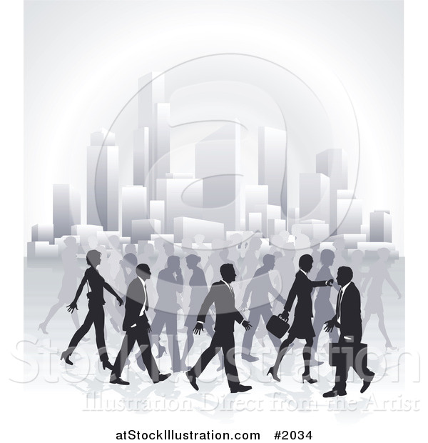 Vector Illustration of Silhouetted Business People Walking in a City