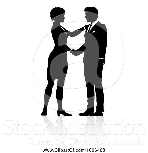 Vector Illustration of Silhouetted Businessman and Lady Shaking Hands, with a Reflection or Shadow