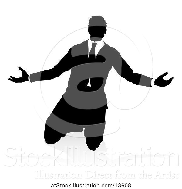 Vector Illustration of Silhouetted Businessman Kneeling and Worshiping, with a Shadow on a White Background