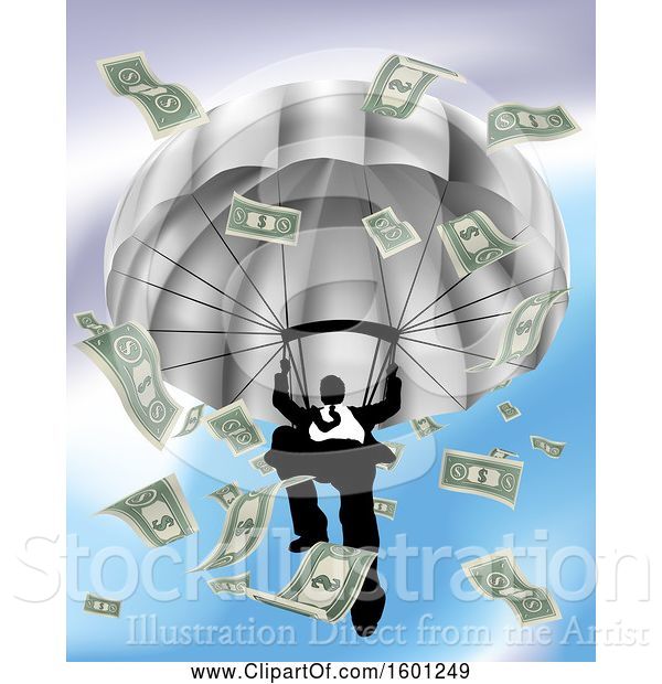 Vector Illustration of Silhouetted Businessman Parachuting, with Cash Money