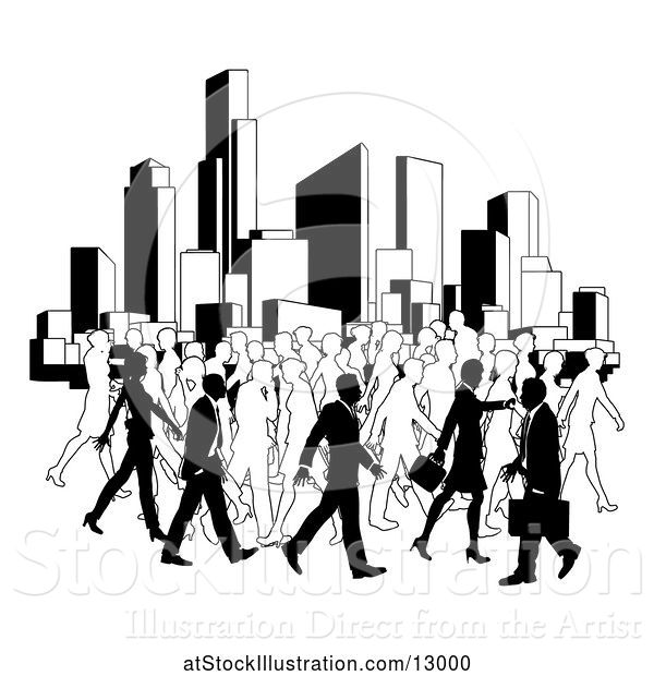 Vector Illustration of Silhouetted Busy City with Businessmen and Women