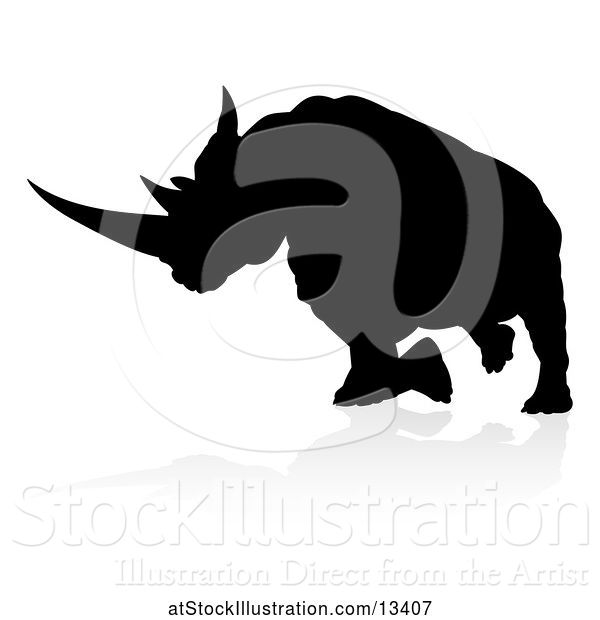 Vector Illustration of Silhouetted Charging Rhino with a Shadow on a White Background