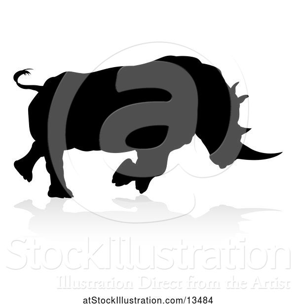 Vector Illustration of Silhouetted Charging Rhino with a Shadow on a White Background