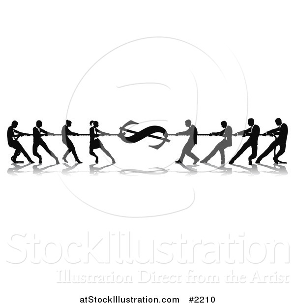 Vector Illustration of Silhouetted Dollar Tug of War Business Teams