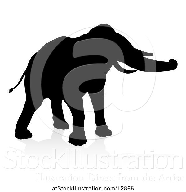 Vector Illustration of Silhouetted Elephant, with a Reflection, on a White Background