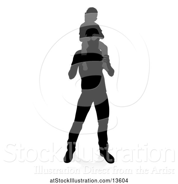 Vector Illustration of Silhouetted Father Carrying His Son on His Shoulders, with a Shadow on a White Background