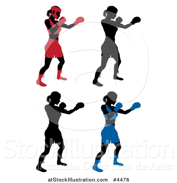 Vector Illustration of Silhouetted Female Boxers in Different Colored Gear