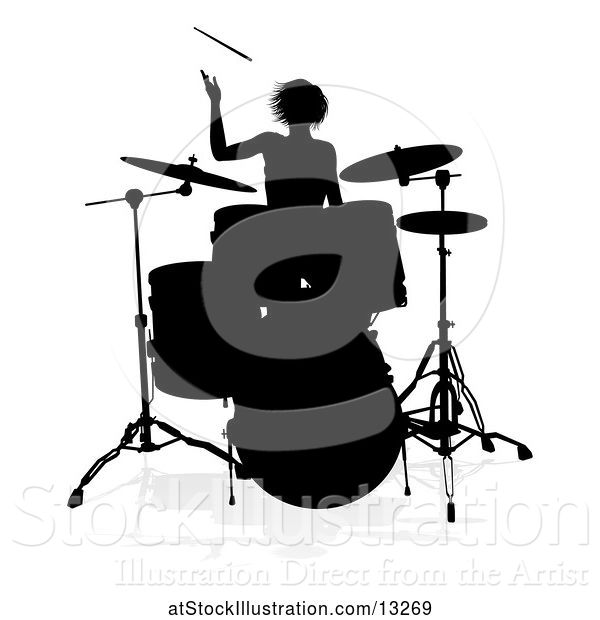 Vector Illustration of Silhouetted Female Drummer, with a Reflection or Shadow, on a White Background