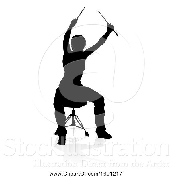 Vector Illustration of Silhouetted Female Drummer, with a Reflection or Shadow, on a White Background