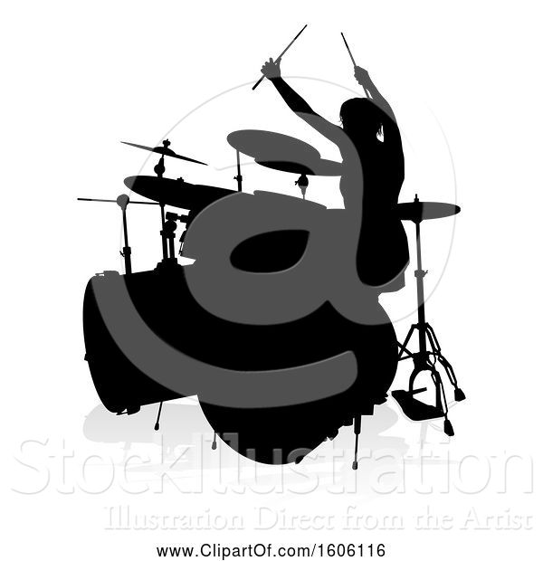 Vector Illustration of Silhouetted Female Drummer, with a Reflection or Shadow, on a White Background