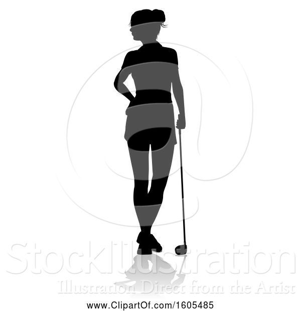 Vector Illustration of Silhouetted Female Golfer, with a Reflection or Shadow, on a White Background