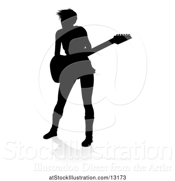 Vector Illustration of Silhouetted Female Guitarist, with a Reflection or Shadow, on a White Background
