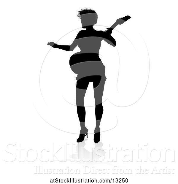 Vector Illustration of Silhouetted Female Guitarist, with a Reflection or Shadow, on a White Background