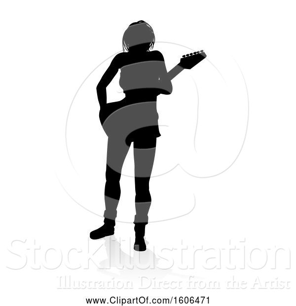 Vector Illustration of Silhouetted Female Guitarist, with a Reflection or Shadow, on a White Background