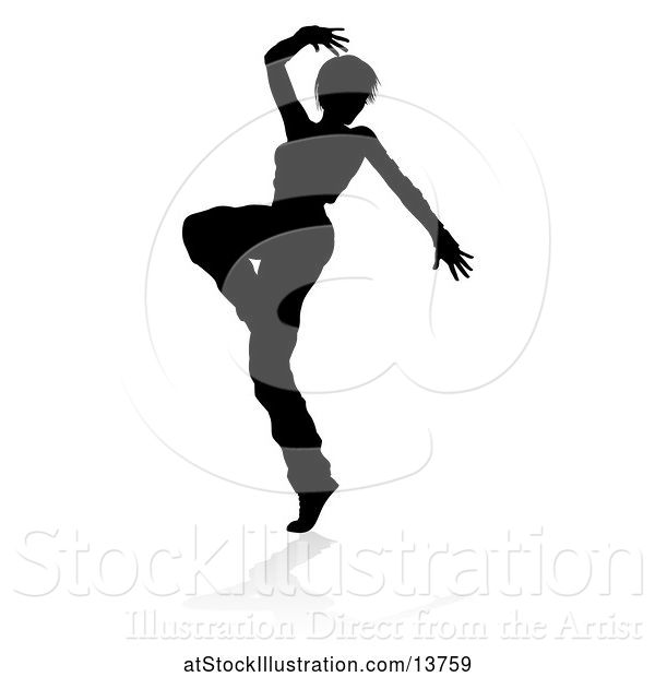 Vector Illustration of Silhouetted Female Hip Hop Dancer with a Reflection or Shadow, on a White Background