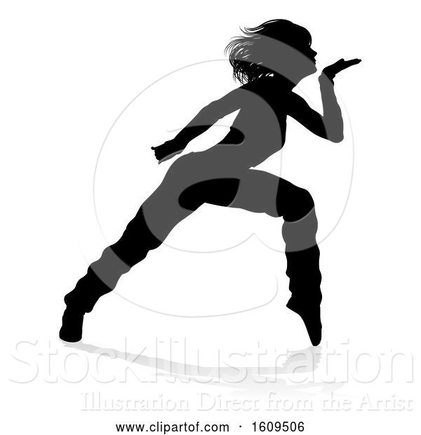 Vector Illustration of Silhouetted Female Hip Hop Dancer, with a Reflection or Shadow, on a White Background