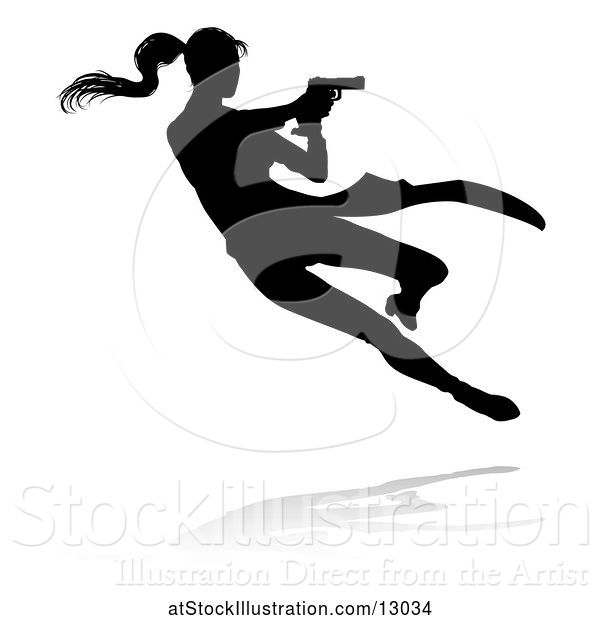 Vector Illustration of Silhouetted Femme Fatale Shooting, with a Reflection or Shadow, on a White Background