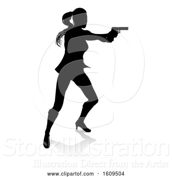 Vector Illustration of Silhouetted Femme Fatale Shooting, with a Reflection or Shadow, on a White Background