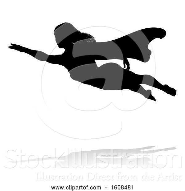 Vector Illustration of Silhouetted Flying Female Super Hero, with a Reflection or Shadow, on a White Background