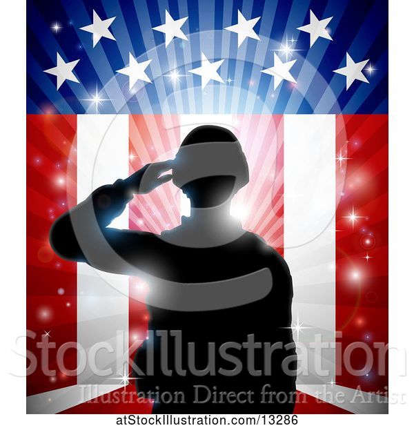 Vector Illustration of Silhouetted Full Length Male Military Veteran Saluting over an American Themed Flag and Bursts