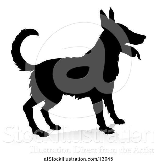 Vector Illustration of Silhouetted German Shepherd Dog, with a Reflection or Shadow, on a White Background