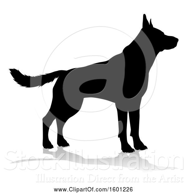 Vector Illustration of Silhouetted German Shepherd Dog, with a Reflection or Shadow, on a White Background