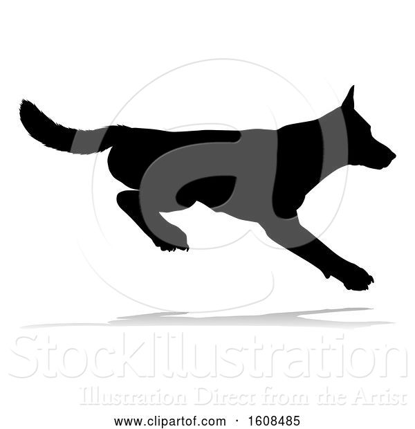 Vector Illustration of Silhouetted German Shepherd Dog, with a Reflection or Shadow, on a White Background