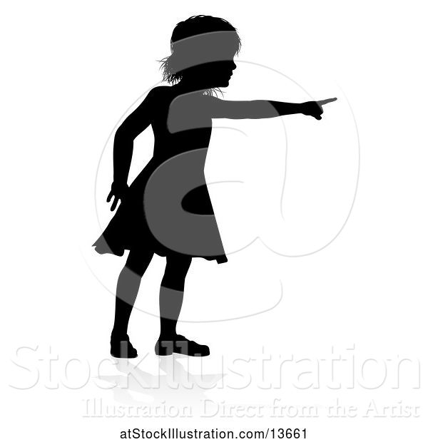 Vector Illustration of Silhouetted Girl Pointing with a Reflection or Shadow, on a White Background