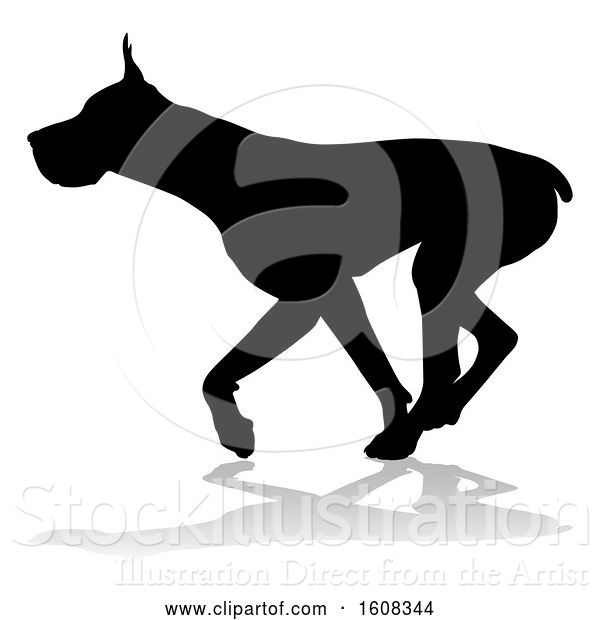 Vector Illustration of Silhouetted Great Dane Dog, with a Reflection or Shadow, on a White Background