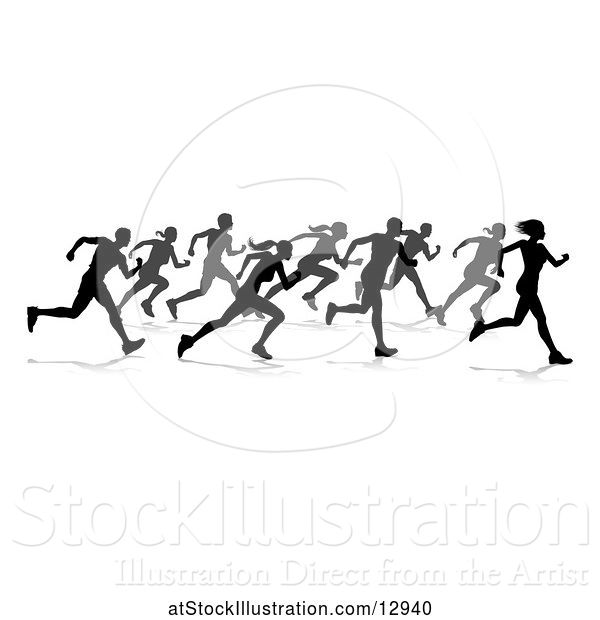 Vector Illustration of Silhouetted Group of Runners, with Reflections or Shadows, on a White Background