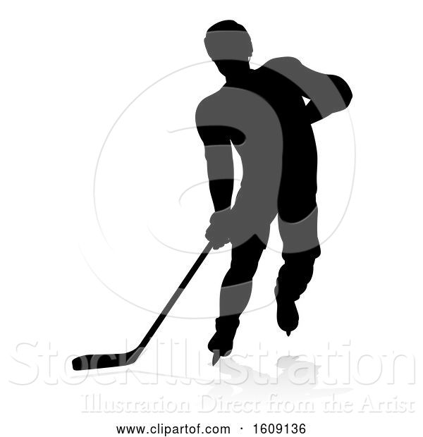 Vector Illustration of Silhouetted Hockey Player, with a Reflection or Shadow, on a White Background