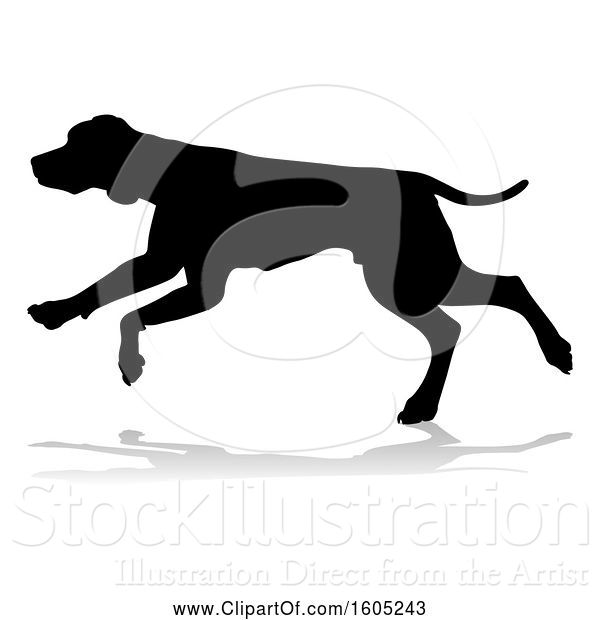 Vector Illustration of Silhouetted Hound Dog Running, with a Reflection or Shadow, on a White Background
