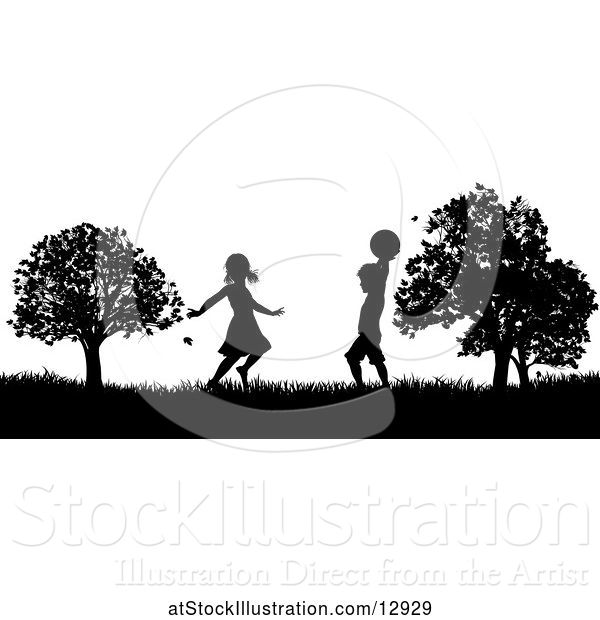 Vector Illustration of Silhouetted KChildren Playing in a Park