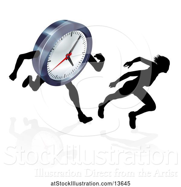 Vector Illustration of Silhouetted Lady Racing a Clock Character