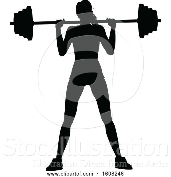 Vector Illustration of Silhouetted Lady Working out and Doing Squats with a Barbell