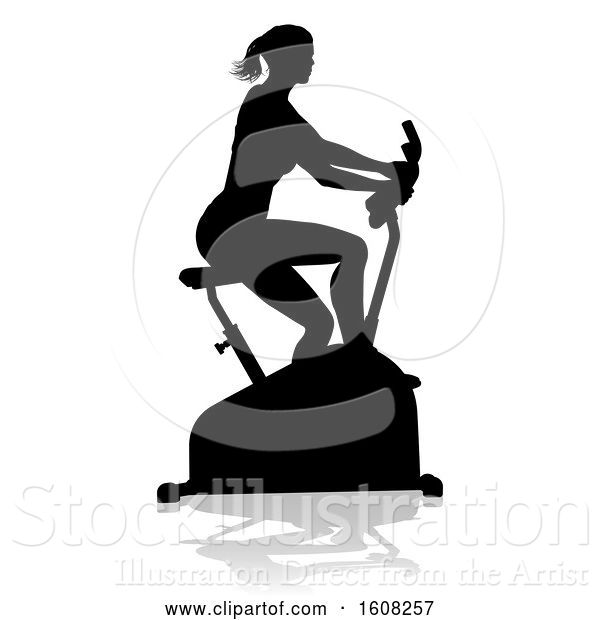 Vector Illustration of Silhouetted Lady Working out and Exercising on a Stationary Bike, with a Shadow, on a White Bcakground