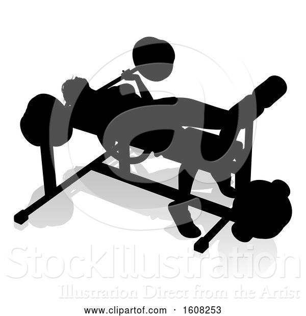 Vector Illustration of Silhouetted Lady Working out on a Bench Press, with a Shadow, on a White Background