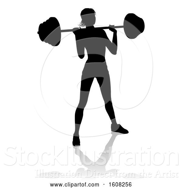 Vector Illustration of Silhouetted Lady Working out with a Barbell, with a Shadow, on a White Background