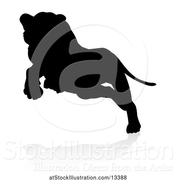 Vector Illustration of Silhouetted Lioness Pouncing, with a Shadow on a White Background