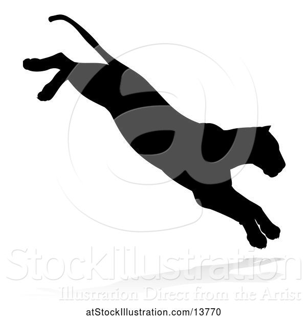 Vector Illustration of Silhouetted Lioness Pouncing, with a Shadow on a White Background