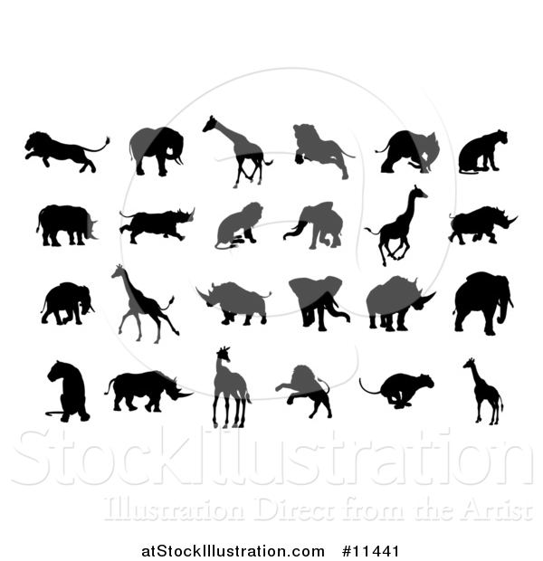 Vector Illustration of Silhouetted Lions, Giraffes, Elephants, and Rhinos