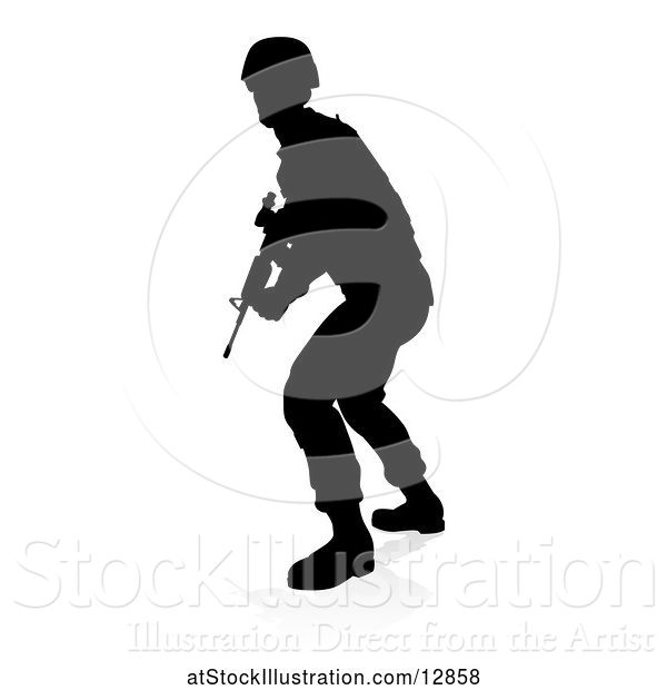 Vector Illustration of Silhouetted Male Armed Soldier, with a Reflection or Shadow, on a White Background