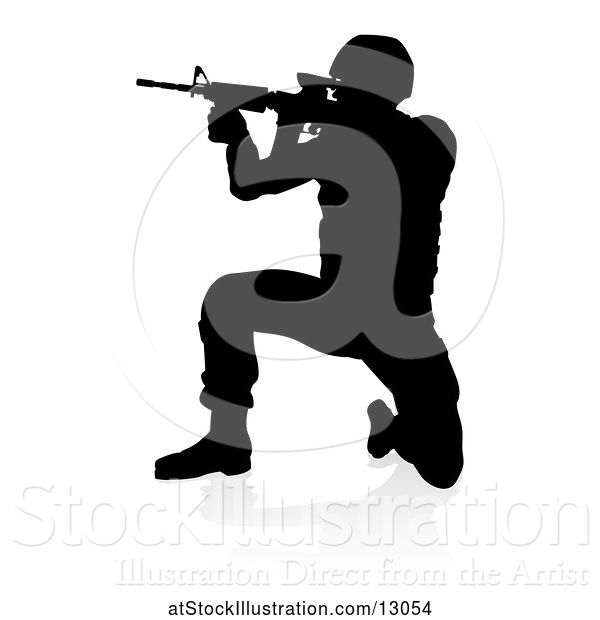 Vector Illustration of Silhouetted Male Armed Soldier, with a Reflection or Shadow, on a White Background