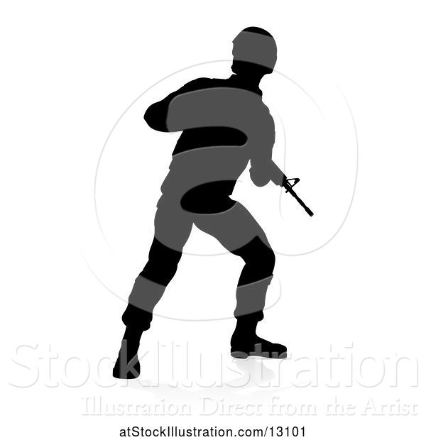 Vector Illustration of Silhouetted Male Armed Soldier, with a Reflection or Shadow, on a White Background