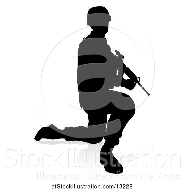 Vector Illustration of Silhouetted Male Armed Soldier, with a Reflection or Shadow, on a White Background