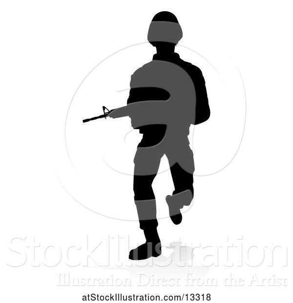 Vector Illustration of Silhouetted Male Armed Soldier, with a Reflection or Shadow, on a White Background