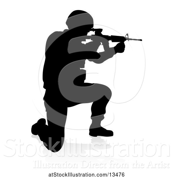 Vector Illustration of Silhouetted Male Armed Soldier, with a Reflection or Shadow, on a White Background